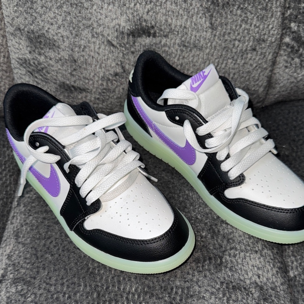 Nike Air Jordan Kids' White and Purple Sneakers. Glow in dark